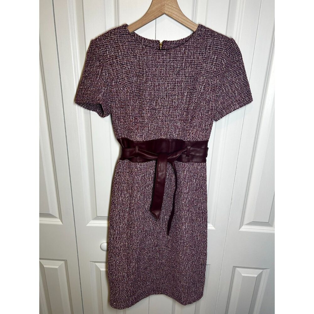Calvin Klein Burgundy Tweed Short-Sleeve Sheath Dress Belted Size 6